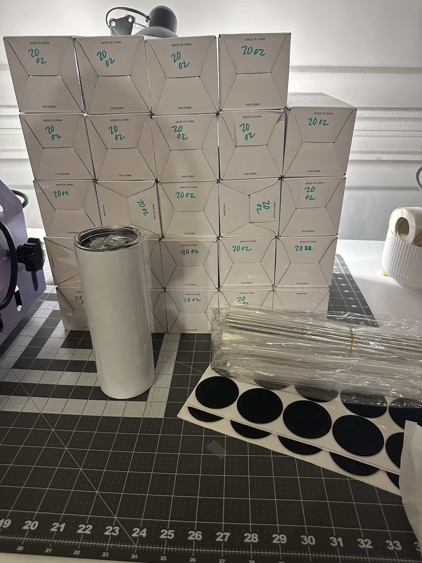 59 various style sublimation tumblers (All styles listed below and shown in photos.  Plain, Glass, And Glitter. Includes Straws And Individual Boxes)