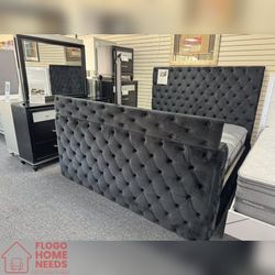 Black Color Velvet King Size Bedframe With TV Lift 