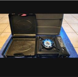 1 Hercules brand Butane Outdoor Cook Stovetop Camp Stove in a Case and 4 New Sterno Brand  Cartridges (no  propane tanks) with 21 piece Ozark Trail Se