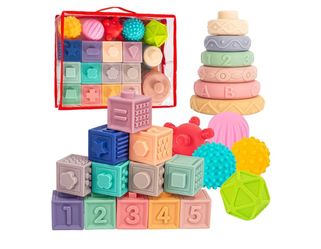 3 in 1 Montessori Toys for Babies 0-3-6-12 Months, Soft Baby Teething Toys and Stacking Building Blocks for Sensory Developmental Education of Toddler