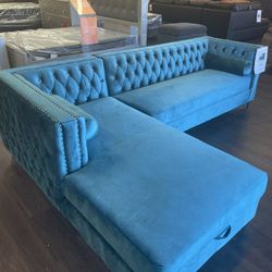 Tufted Teal Velvet Sectional