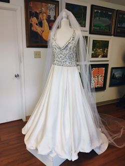 Embroidered Bodice Wedding Dress With Train, Includes Veil 