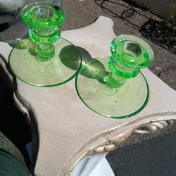 Green Uranium Glass Candle Holders