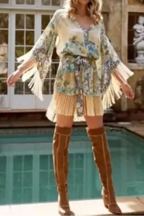 NEW Spell & The Gypsy Sz s Willow Tassel Dress Mini Floral Kimono Sleeve