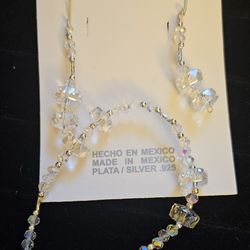 Sterling Silver faceted crystal clear glass beads Bracelet and Earrings 