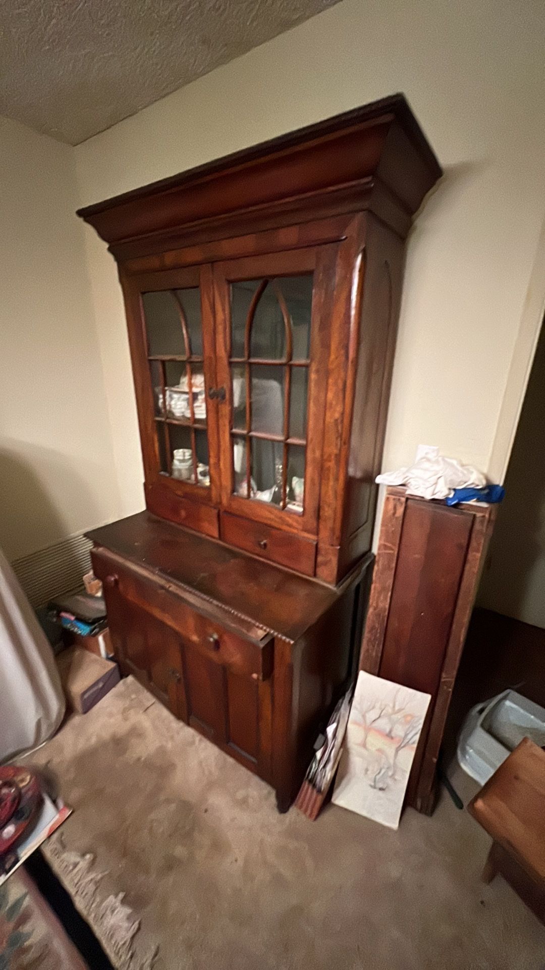 1800’s Antique Wood China Cabinet Handmade Dovetail Joints Excellent Condition 2 Pieces 