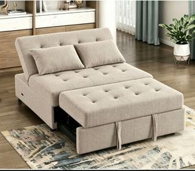 Sofa Bed, Linen Fabric Sleeper Couch Pull Out Bed, 68x38x15 in. Adjustable Backrest and Pillows