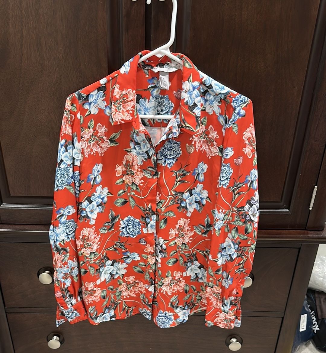Floral Red And Blue Collared Shirt