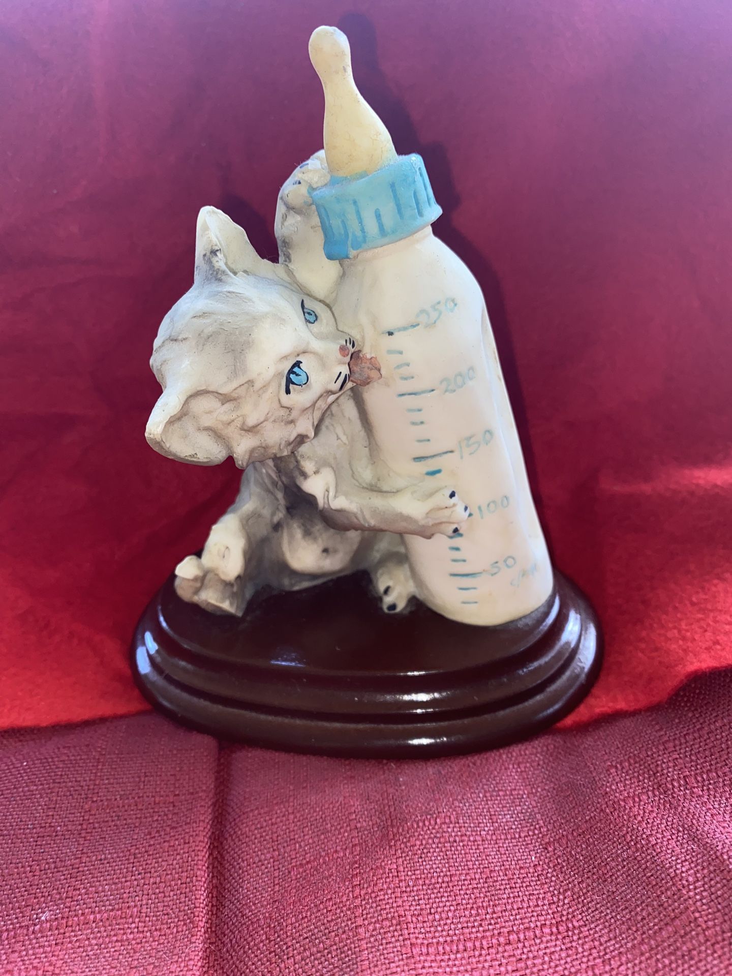 Vintage 5.5 Inch Painted Alabaster Cat With Bottle Statue Imported From Greece
