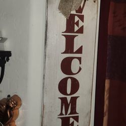 VINTAGE FARMHOUSE COUNTRY BURLAP BOW WOOD RUSTIC WELCOME SIGN HANGING WALL DECOR PICTURE ART DISPLAY