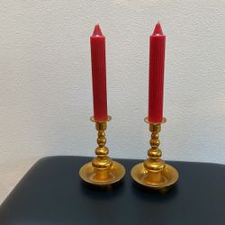 Pair Of Brass Candle Holders And Candles