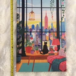 Black Cat Colorful City Framed Art
