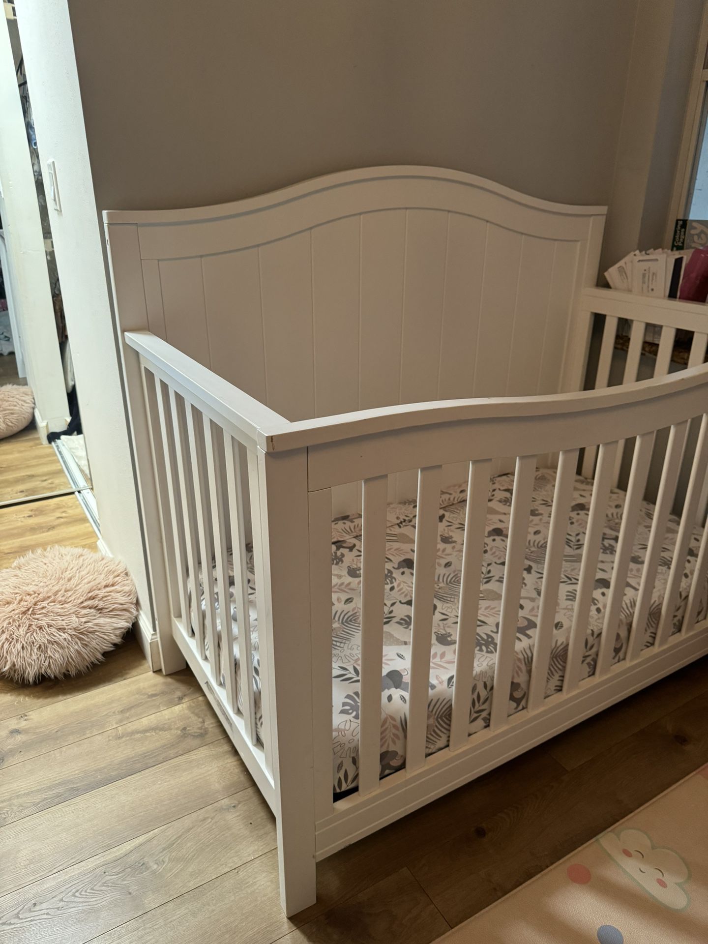 White Wood Convertible Baby Crib with Mattress 