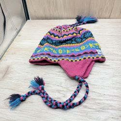 VTG Murray Merkley Wool Hat Knit Blue Pink Blue Beanie Cap Ear Flap Tassel