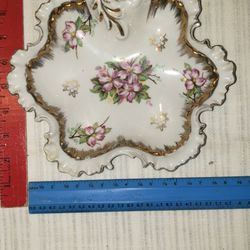 Antique Ruffled Edge Porcelain Rose Flower Candy Dish With Gold Trim