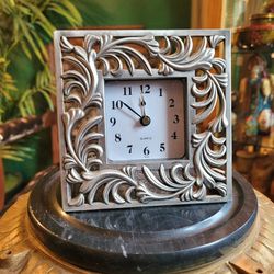 Vintage Filigree Silver Tone Quartz Desk Clock - Works!