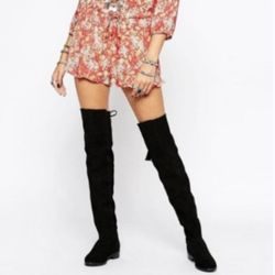 Black Suede Over The Knee Tie-Back Boots