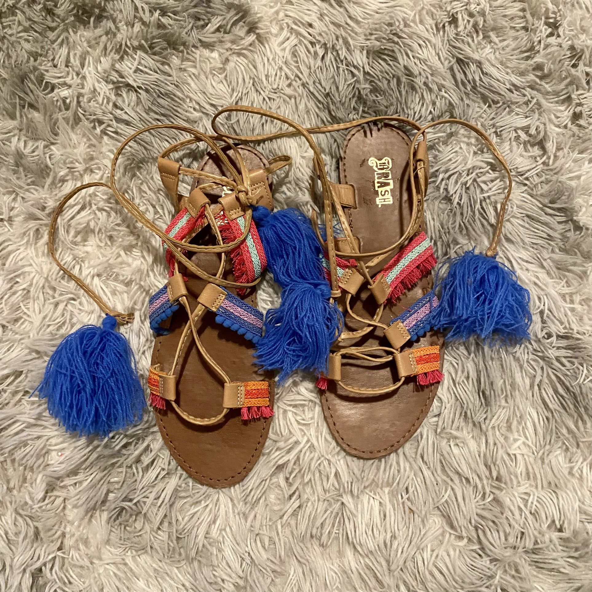 Brash Women’s Strappy Woven Pom Pom Wrap Around Sandal Multi-Color Size 9.5
