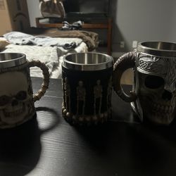 Set Of 3 New Skull And Bones Tankard Goblet Chalice Cups