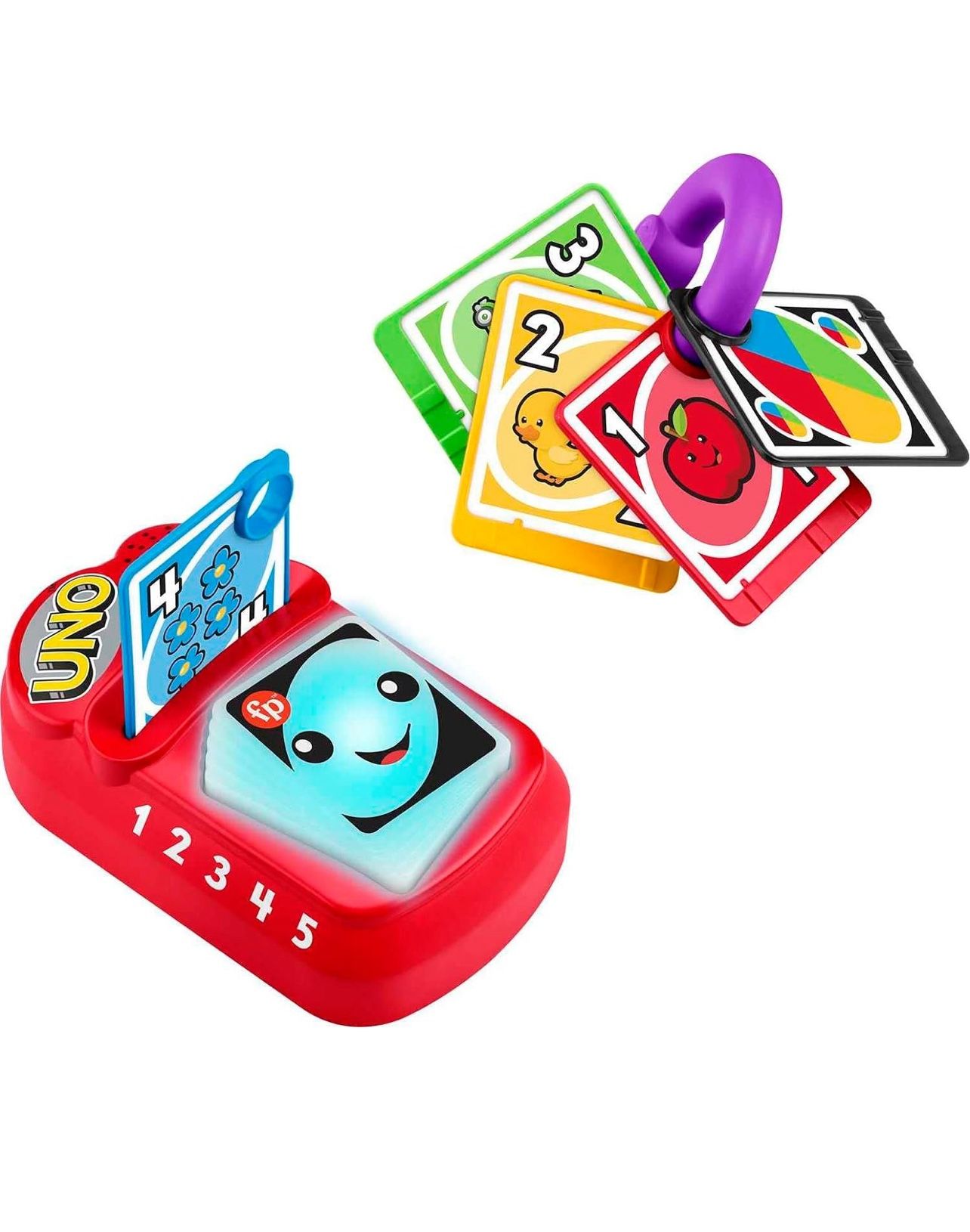 Baby-sized UNO electronic learning toy with multi-color lights, music and phrases Insert a card into the slot to see the reader light up and offer fun