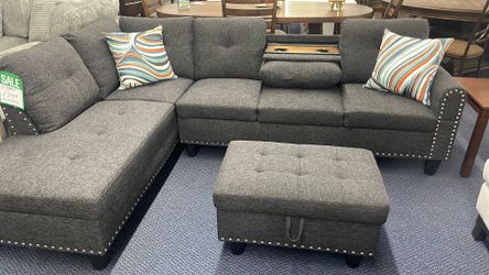Sectional with Drop Cup Holder and Storageage Ottoman