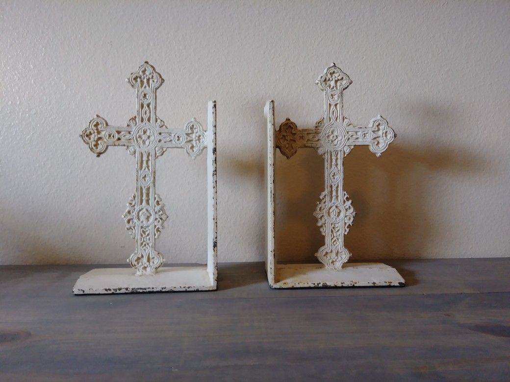 Vintage cast iron ornate Roman catholic cross bookends