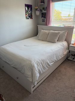 White Full/Queen Bed Frame with Storage Drawers