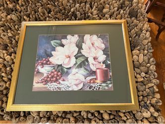 Large vintage Peggy Thatch, Sibley, magnolias and candle framed art 24“ x 30“