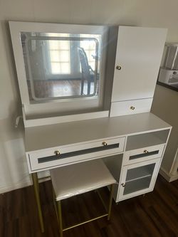 Modern Makeup Vanity Desk with HD Mirror 3 Color LED 2 USB 2 AC Jewelry Cabinet Hair Dryer Rack