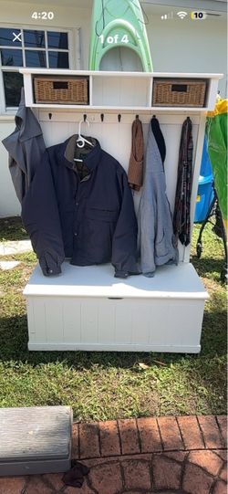 White hall tree with storage bench