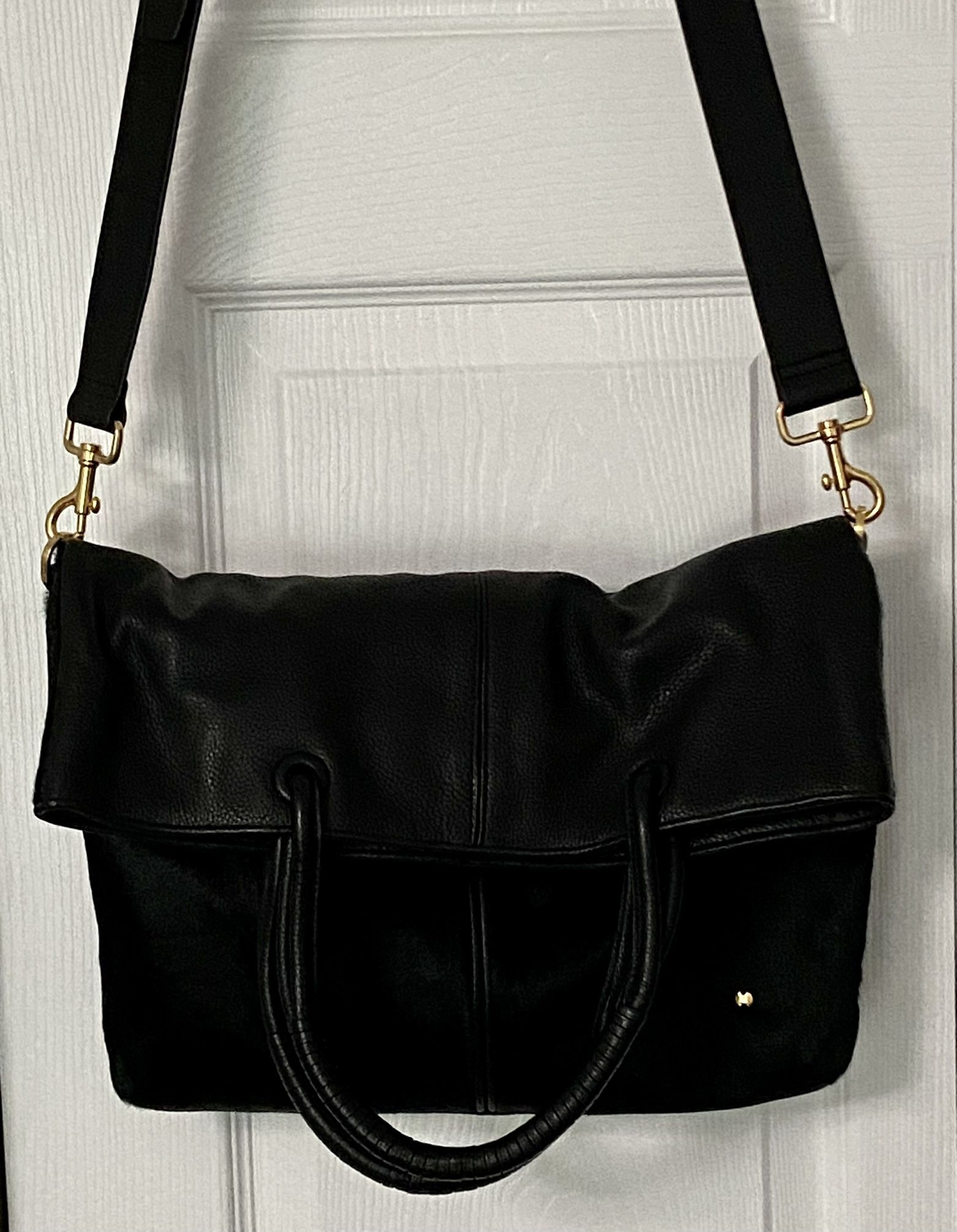 Black Leather and Ponyhair Foldover Tote Bag with Shoulder Strap