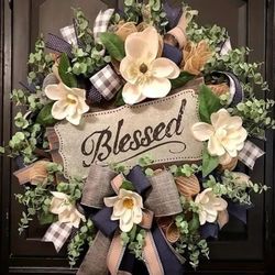 20-Inch Farmhouse Front Door Wreath - Elegant Floral Arrangement with Magnolia-Like Whites, in Beige, Blue, Brown, Year-Round Porch Hanging Decor for 