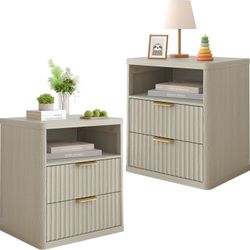 Piskyet Modern Night Stand Set of 2 Nightstands with 2 Drawer Storage,21.6" Wide Large Fluted Wooden Bedside Table End Table,Mid Century Night Stands 