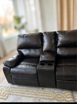 Dark Brown Leather Reclining Sofa with Cup Holders