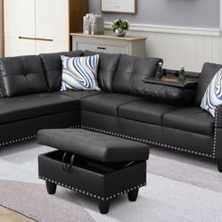 Black Faux Leather Synthetic Leather 3piece Sofa Set