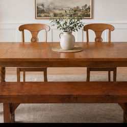 Ethan Allen Solid Wood Dining Set + Bench – Warm Rustic Style – FREE Delivery