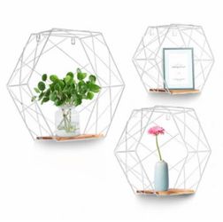Hexagonal White Wire Wall Shelves Set of 3