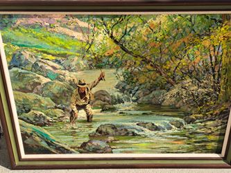 Gorgeous Original 26x36" OIL Painting FISHERMAN STREAM FISHING Circa  1940'S
