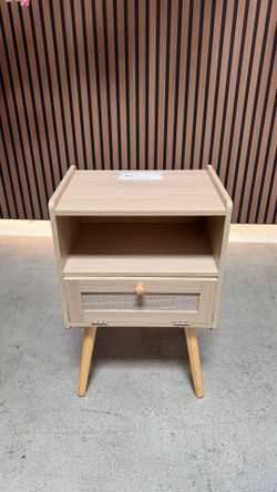 NEW Rattan Japandi MCM Midcentury Modern Wood Side Table Nightstand Charging Console