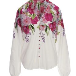Garden Party Print Balloon Sleeve Peasant Shirt
