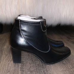 Franco Sarto All Black & White Lined Stitch Square Toe Chunky Heel Ankle Booties