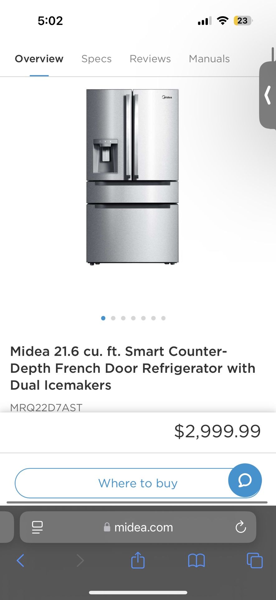 Midea Counter-Depth 21.6-cu ft 4 -Door Smart Compatible French Door Refrigerator with Dual Ice Maker