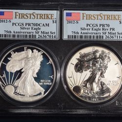 2 Coin Set • 2012 S American Silver Eagle • San Francisco Reverse Proof with OGP Box • 75th Anniv First Strike Label • PCGS PR70 Deep Cameo