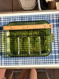 Heavy multi section green glass relish dish.