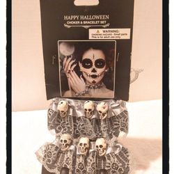 ☠️ Skull Design ☠️ Grey Lace Choker & Bracelet Set ~ OSFM (Adult) *NEW*