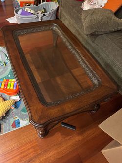 Large Elegant Wood & Glass Coffee Table – Carved Legs – 48”
