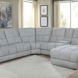 Brand New 6PC Pillow Top Grey Power Sectional