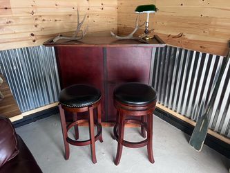 Cherry Wood Home Bar with Two Bar Stools