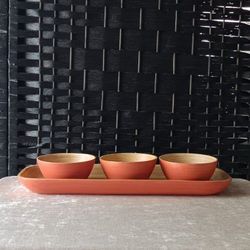 Orange Lacquer Bamboo Serving Bowl and Tray Set, 4 Piece Bamboo Dipping Bowls & Tray, Rice Bowl Set