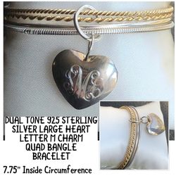 Dual Tone 925 STER Silver Quad Bangle with M Heart Charm